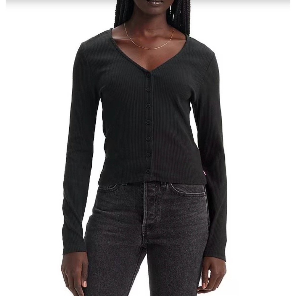 Levis Ribbed V-Neck Button Long Sleeve Y2K 90s Fitted Cropped Top Black Small